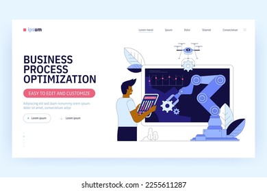 Automation business process vector illustration. Company strategy. Work organization. Project management, software development. Automated business system concept with robot arms and gears