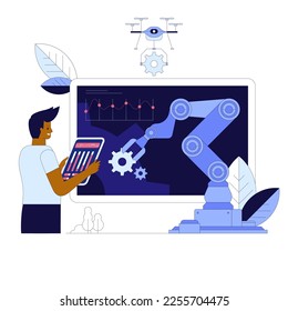 Automation business process vector illustration. Company strategy. Work organization. Project management, software development. Automated business system concept with robot arms and gears