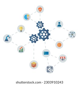 Automation business. Vector illustration. Gear effective process organization business concept Business industry, bot, algorithm, coding, sofware development, analyze, automate, check and loop