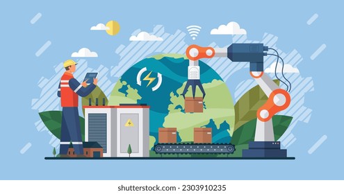 Automation business. Vector illustration. Manager engineers check and control automation robot machine in intelligent factory Artificial intelligence Industrial on real time monitoring system software