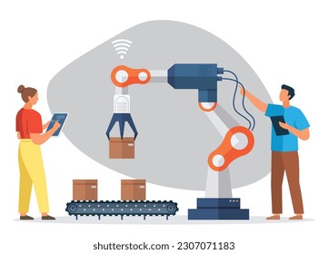 Automation business. Vector illustration. Smart industry 4.0 Chatbot, factory conveyor, Manager engineers check and control automation robot machine Robotic process automation as an innovation