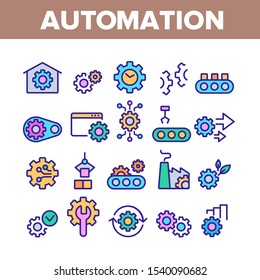 Automation Collection Elements Icons Set Vector Thin Line. Automation Mechanism With Gear, Factory And Web Site Work, Settings And Tools Concept Linear Pictograms. Color Contour Illustrations