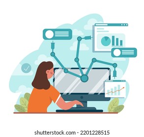 Automation concept. Automated systems or AI working for manufacturing and web, software development. Business people working with automated technology. Flat vector illustration