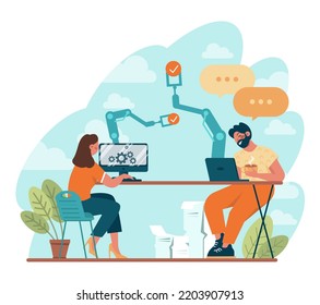 Automation concept. Automated systems or AI working for manufacturing and web, software development. Business people working with automated technology. Flat vector illustration