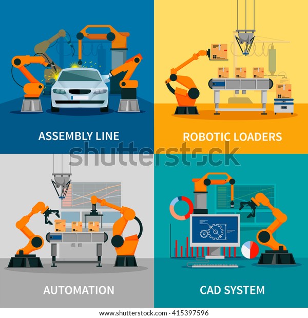 Automation concept icons\
set with assembly line and CAD system symbols flat isolated vector\
illustration 