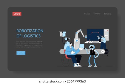 Automation concept. Streamlining logistics through advanced robotics and human-robot collaboration. Futuristic workplace efficiency. Vector illustration.