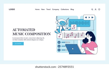 Automation concept. A user interacts with artificial intelligence to compose music, symbolizing technology's role in creativity. Vector illustration.