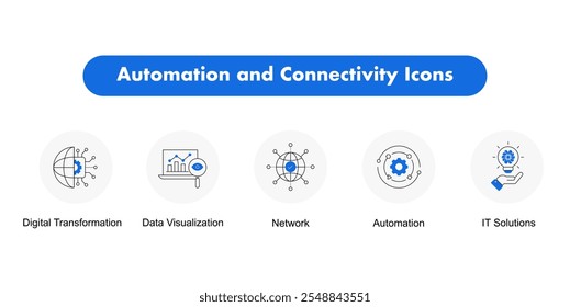 Ícones de automação e conectividade: automação, rede, soluções de TI, visualização de dados, transformação digital