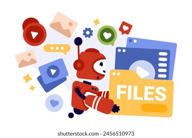 Automatización de la creación de contenidos, optimización de publicaciones de blog en las redes sociales utilizando herramientas de IA. Robot con carpeta llena de datos digitales e ideas creativas, Imágenes y vídeos Ilustración vectorial de dibujos animados