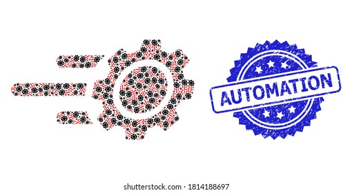Automation corroded seal imitation and vector recursion mosaic rush gear. Blue seal includes Automation text inside rosette. Vector mosaic is done of randomized rotated rush gear items.