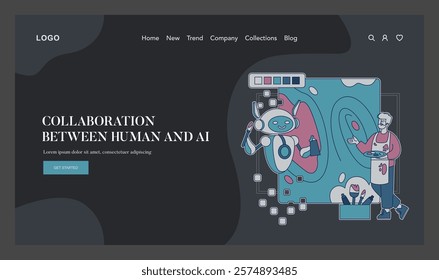 Automation in Creativity concept. An artist collaborates with a robot on a digital artwork project. Fusion of technology and human innovation. Vector illustration.