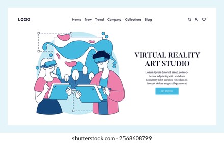 Automation in creativity concept. Artists using VR technology to craft digital artworks. Innovation in art creation process. Vector illustration.