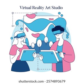 Automation in Creativity concept. Artists in a virtual reality art studio create digital artwork, blending technology with artistry. Vector illustration.