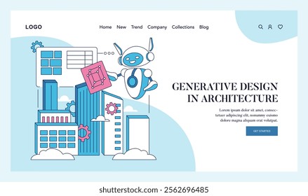 Automation in creativity concept. A cheerful robot designs modern buildings, showcasing technology's role in architectural innovation. Future of construction. Vector illustration.