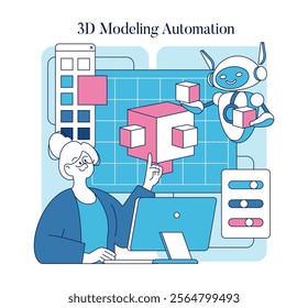 Automation in creativity concept. Designer uses 3D modeling software with the aid of a friendly robot assistant. Futuristic digital design process. Vector illustration.