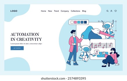 Automation in Creativity concept. Human and robots collaborate on music composition, blending technology and artistry. Vector illustration.