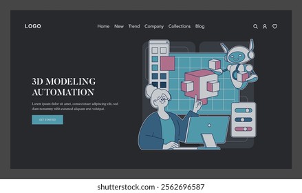 Automation in creativity concept. A person collaborates with a robot on 3D modeling on a computer, depicting a harmonious human-AI work dynamic. Vector illustration.