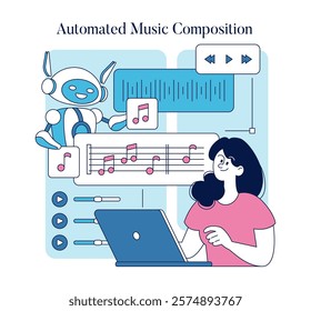 Automation in creativity concept. Robot and human collaborate on music composition, exploring AI in art creation. Technology meets creativity. Vector illustration.