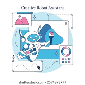 Automation in creativity concept. A robot painting on a digital tablet reflects the fusion of technology and art. Tools fuel artistic expression. Vector illustration.