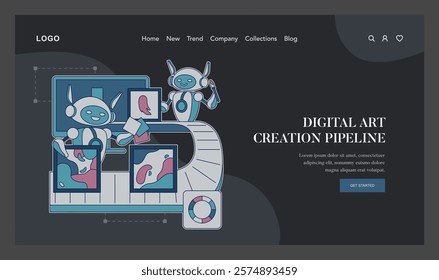 Automation in creativity concept. Robots process digital artwork in a seamless production line. The fusion of technology and art in a stylized workflow. Vector illustration.