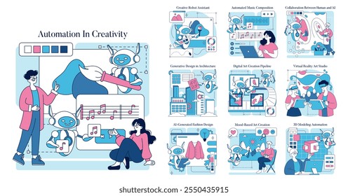 Automation in Creativity set. Diverse applications of AI in art, from music to architecture. Futuristic collaborations with robots in virtual reality. Vector illustration.