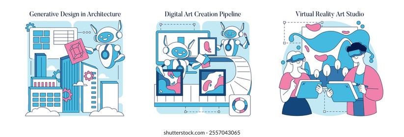 Automation in Creativity set. Robots aiding in architectural design, digital art creation, VR art studio interactions. Innovation and collaboration in modern artistry. Vector illustration.