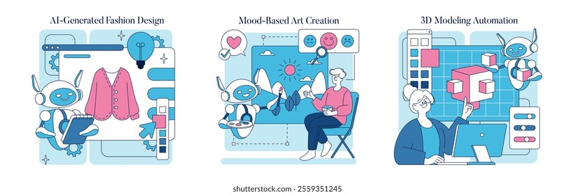 Automation in creativity set. Robots designing clothes, creating art based on emotions, and automating 3D modeling. Human-AI collaboration. Vector illustration.