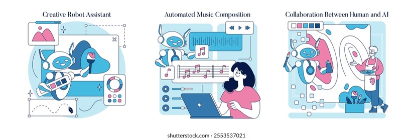 Automation in Creativity set. Robots engaging in art, music, and partnership with humans. Expressing futuristic collaboration in creativity. Vector illustration.