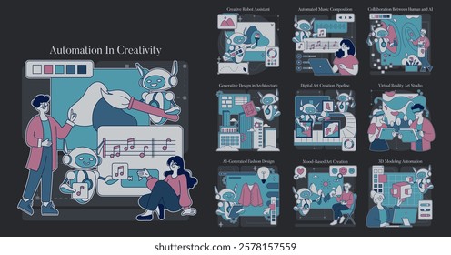 Automation In Creativity set. Technology merging with art forms. Robotics and AI assist in music, architecture, and digital art. Vector illustration.