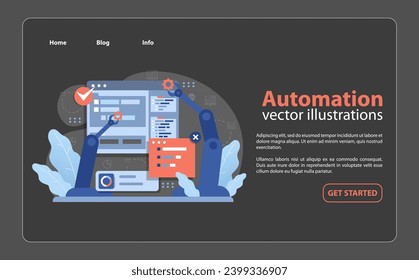 Automation in Digital Business. Mechanical arms streamline complex tasks, symbolizing efficiency and precision in technology-driven industries. Flat vector illustration.