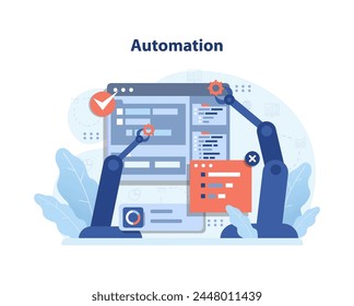 Automatización en Negocios Digitales. Los brazos mecánicos optimizan tareas complejas, simbolizando la eficiencia y la precisión en las industrias impulsadas por la tecnología. Ilustración vectorial plana.