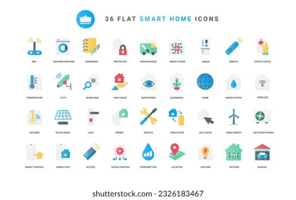 Automation of digital house system and wireless access to devices, light and temperature, energy power and appliances support. Smart home technology trendy flat icons set vector illustration