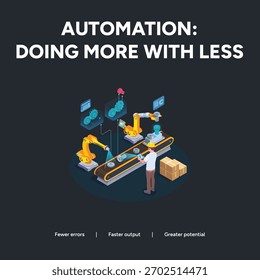 Automação: fazer mais com menos. Menos erros. Saída mais rápida. Maior potencial. Design de ilustração vetorial. Visualização isométrica da automação de fábrica.