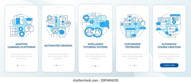 Automation of education blue onboarding mobile app screen set. AI walkthrough 5 steps graphic instructions pages with linear concepts. UI, UX, GUI template. Myriad Pro-Bold, Regular fonts used