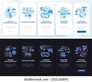 Automation of education night, day onboarding mobile app screen set. Walkthrough 5 steps graphic instructions pages with linear concepts. UI, UX, GUI template. Myriad Pro-Bold, Regular fonts used