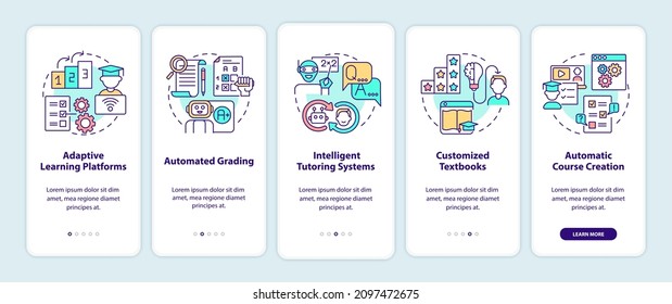 Automation of education onboarding mobile app screen set. AI walkthrough 5 steps graphic instructions pages with linear concepts. UI, UX, GUI template. Myriad Pro-Bold, Regular fonts used