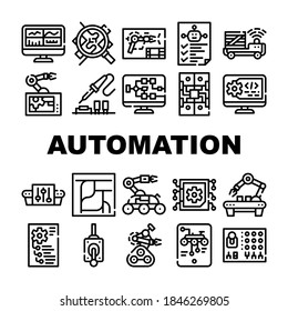 Automation Engineer Collection Icons Set Vector. Iron Solder Soldering Electronic Microcircuit And Remote Control, Robot And Rover Engineer Concept Linear Pictograms. Black Contour Illustrations