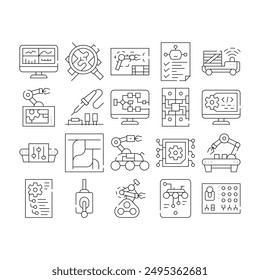 Conjunto de iconos de Colección de ingeniero de automatización Vector. Microcircuito Electrónica De Soldadura De Soldadura De Hierro Y Control Remoto, Concepto De Ingeniero De Robots Y Rover Pictogramas Lineales. Ilustraciones de contorno negro