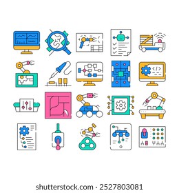 Iconos de Colección del ingeniero de automatización fijados Vector. Soldadura De Hierro Microcircuito Electrónica Y Control Remoto, Robot Y Rover Ingeniero Concepto Pictogramas Lineales. color Contorno Ilustraciones