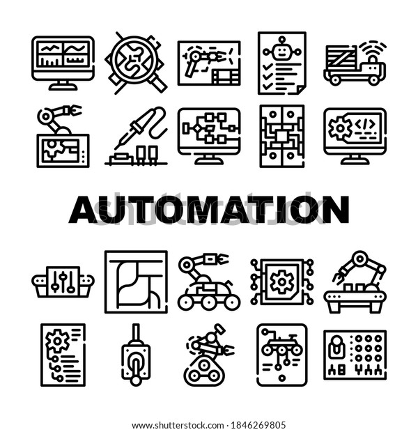 Automation Engineer Collection Icons Set
Vector. Iron Solder Soldering Electronic Microcircuit And Remote
Control, Robot And Rover Engineer Concept Linear Pictograms. Black
Contour
Illustrations