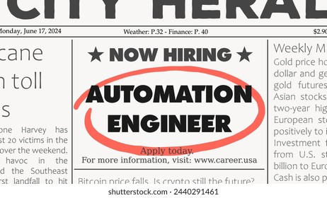 Automation engineer - job offer. Newspaper classified ad career opportunity. Hiring new employees.