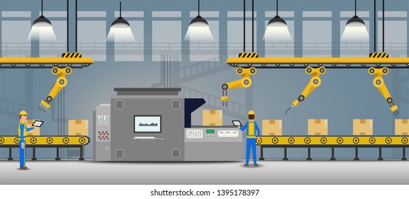 Automation factory concept with man control robot arms working flat design vector illustration