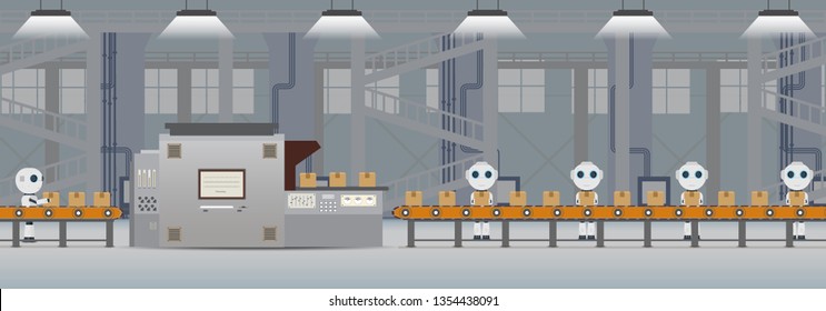 Automation factory concept with robot working flat design vector illustration