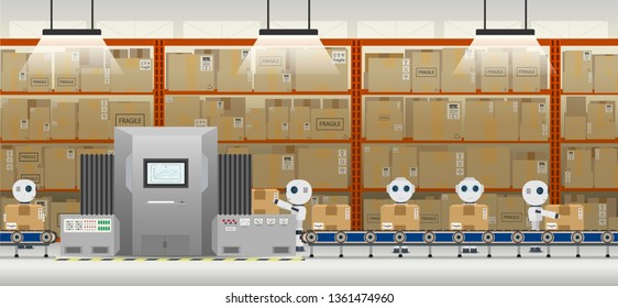 Automation factory concept with robot working flat design vector illustration