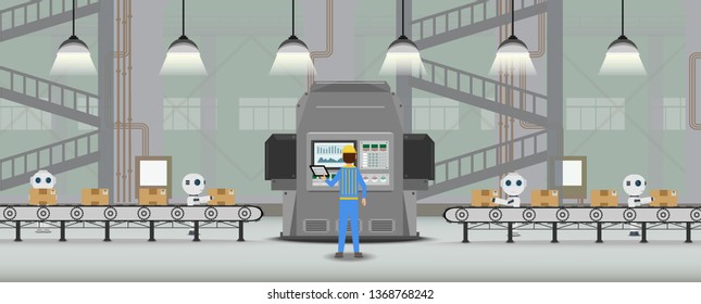 Automation factory concept with robot working flat design vector illustration