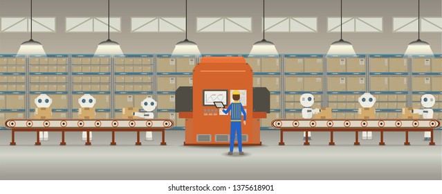 Automation factory concept with robot working flat design vector illustration