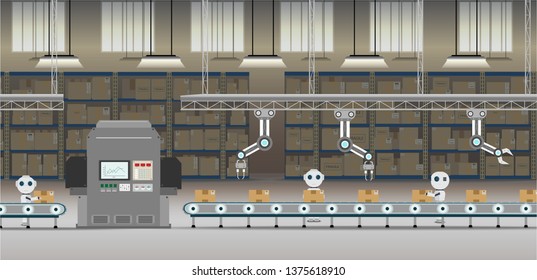 Automation factory concept with robot working flat design vector illustration