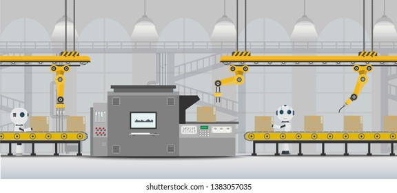 Automation factory concept with robot working flat design vector illustration