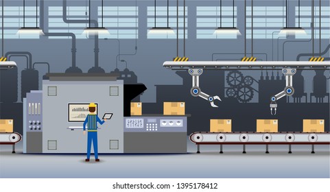Automation factory concept with robot working flat design vector illustration