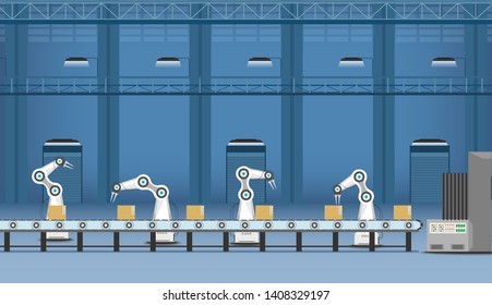 Automation factory concept with robot working flat design vector illustration